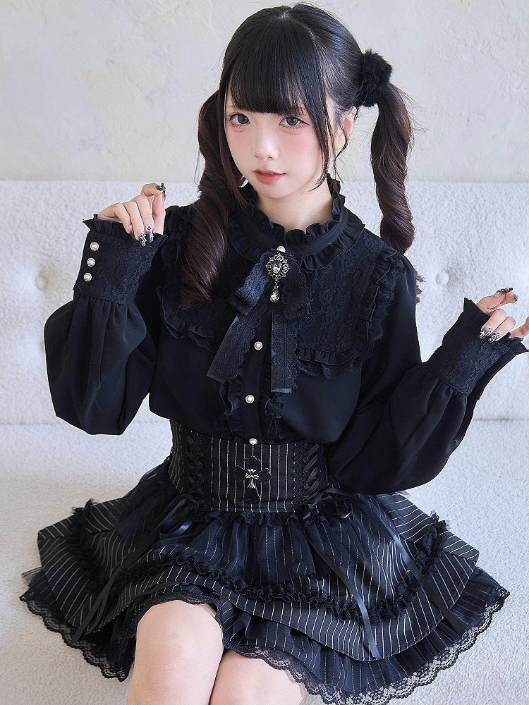 Black Skirt Tiered Lace and with Lace-up Details Striped Cross Ruffle Kei Jirai