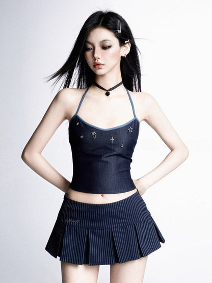 Marineblauer Rock mit Streifenmuster, niedrige Taille, adrette JK-Uniform, Kellerfalten-Minirock