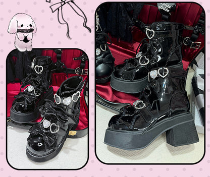 Platform Ankle Boots Buckles Jirai Kei Polished and Black Rhinestons Sweetheart with