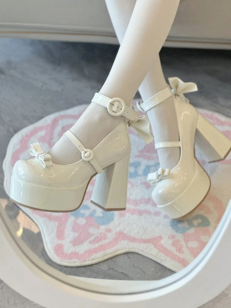 High Detachable Heel Elegant Mary with Lolita Bow - Buckle Circle White Janes Polished for Block