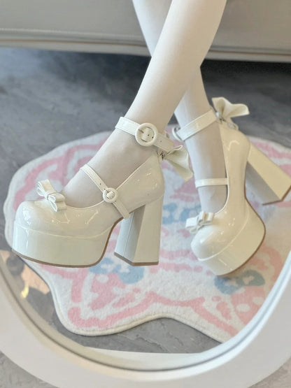 High Detachable Heel Elegant Mary with Lolita Bow - Buckle Circle White Janes Polished for Block