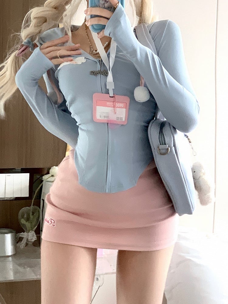 Blue Zip-Up Fitted Hoodie with Furry Pom-Pom Accents