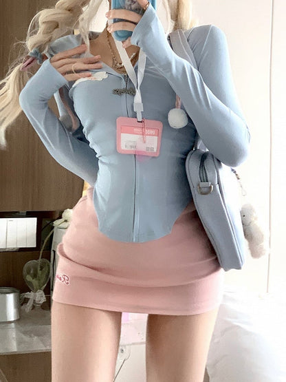 Blue Zip-Up Fitted Hoodie with Furry Pom-Pom Accents