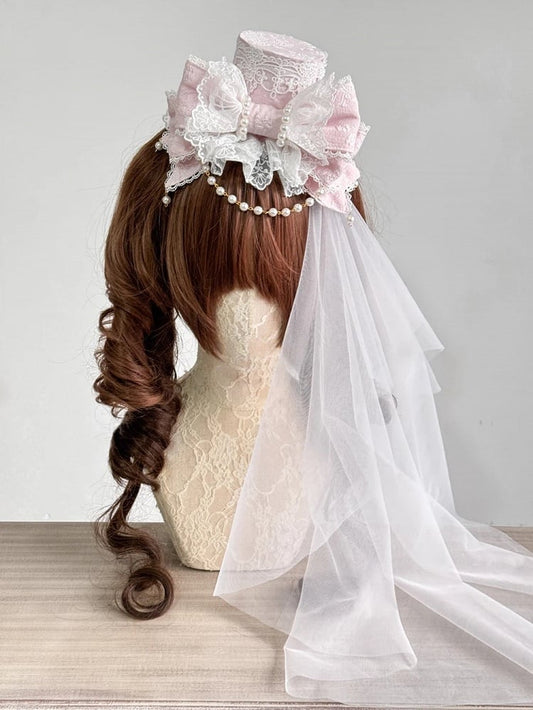 (Lace Pink Head Pastel Pearl Details) Lolita Hat with Veil Sweet Mini