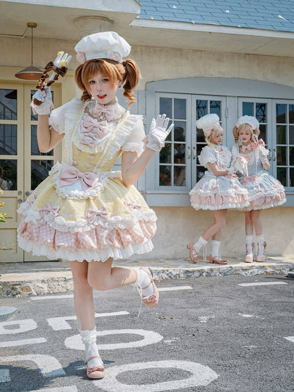 Light Yellow Pastry Chef Theme Bow Lace Trim Short Sleeve Lolita OP with Plaid - Asleep Townlet