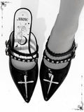 Stiletto Toe Heel Embroidery Pointed Cross Black Polished Sandals Gothic with 6cm