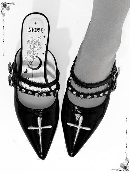 Stiletto Toe Heel Embroidery Pointed Cross Black Polished Sandals Gothic with 6cm