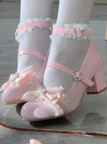 Jane Mary Trim with Details Sweet Beaded Lace Shoes Mid-heel Heart Lolita Pink