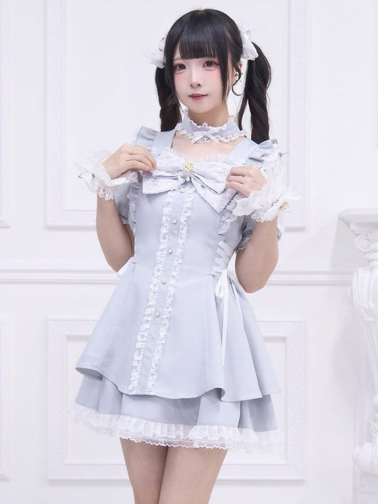 Kleidrock mit seitlicher Schnürung, Mini-Light-Kei-Style-Jirai-Schulter, passender Ausschnitt und graues Detailset: