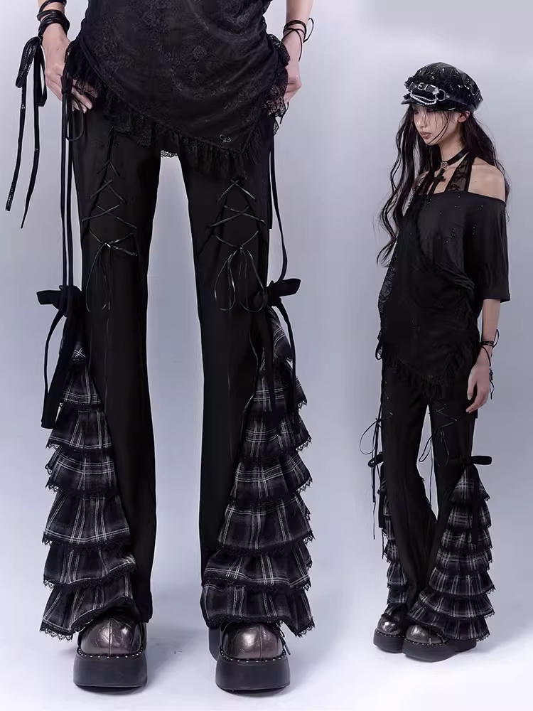 Black Lace-Up Plaid Cuff Slim Pants - WSW No Body