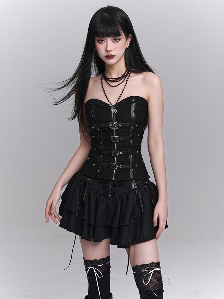 Lace Tiered Skirt Cross Black Lace-up Waist Studded