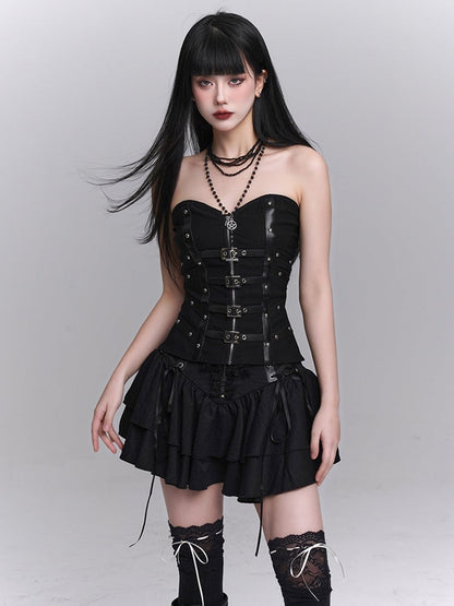 Zipper Placket Black Criss-Cross PU Front and Straps Buckles