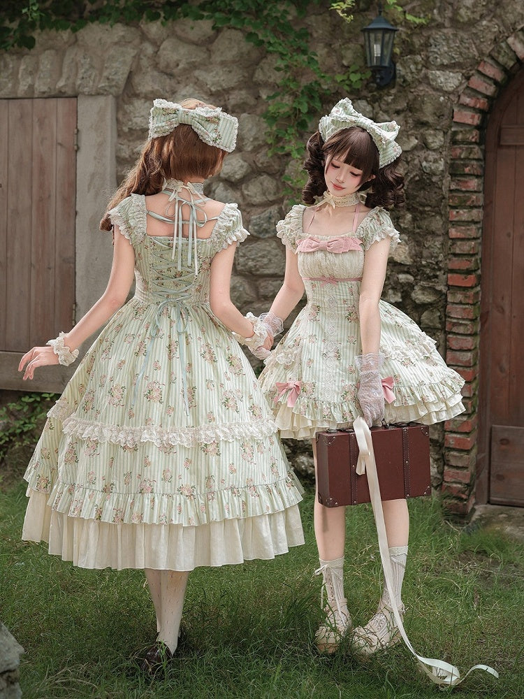 Green Striped Floral One-Piece Gown with Hair Bow & Choker - With PUJI