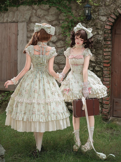 Green Striped Floral One-Piece Gown with Hair Bow & Choker - With PUJI