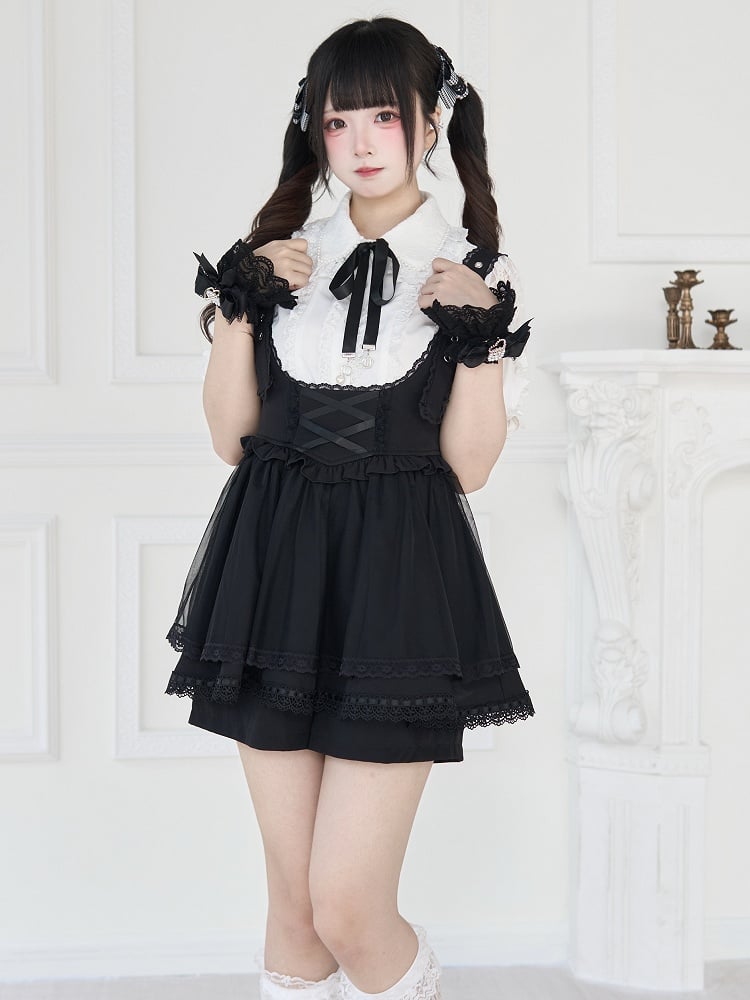 Jirai Kei – Schwarz/Weiße Bluse mit kurzen Ärmeln und Perlenkragen