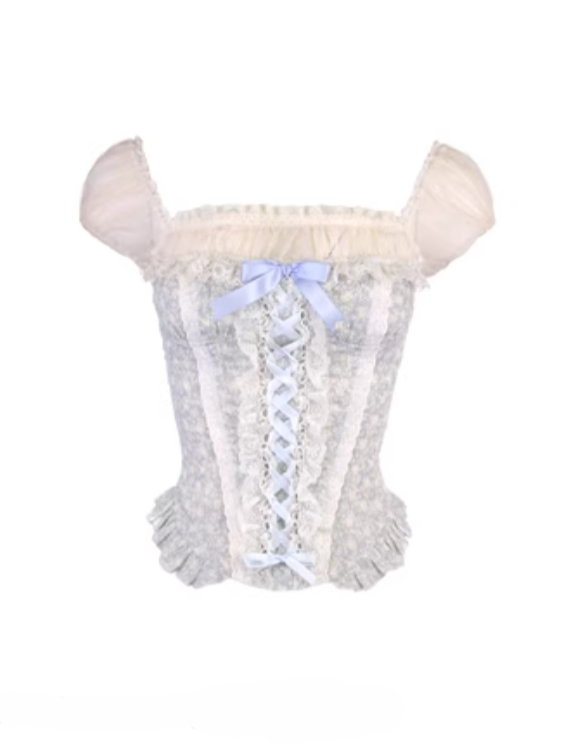 Rüschenärmel Blau Korsett Saum Peplum Puff Top Faux Zweiteiler Mit