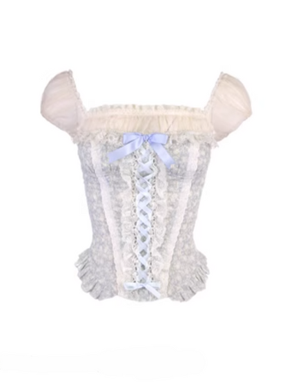 Rüschenärmel Blau Korsett Saum Peplum Puff Top Faux Zweiteiler Mit