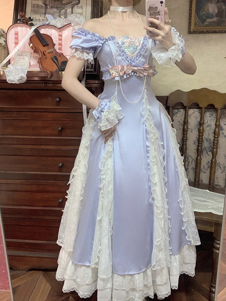 Robe élégante Lolita Empire bleue cintrée à la taille et à encolure carrée fleurie BE005