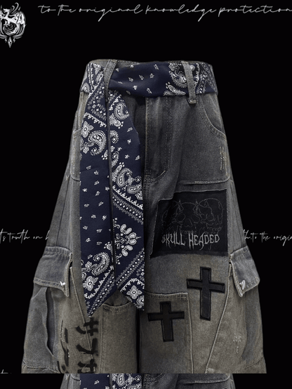 Jeans Blue Cross Applique Wasteland Punk Distressed Weites Bein Cargo