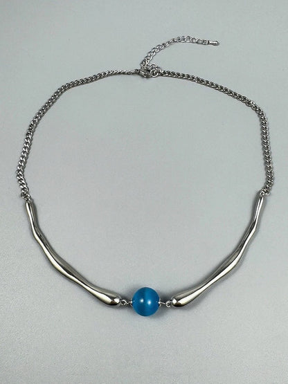 Punk Style Silver Necklace with Azure Bead Detail - YSHXS