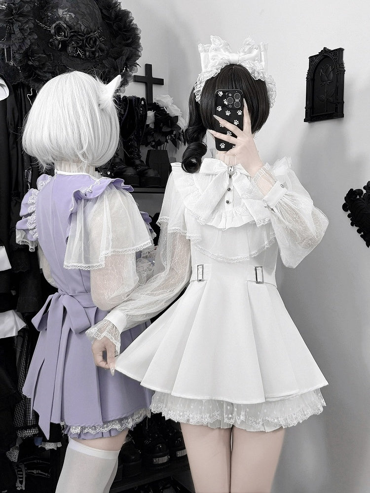 White Cape Design Long Sleeve Dress with Lace and Shorts Set - Faded Dolls