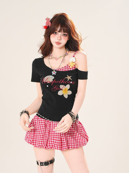 Yellow/Red Plaid Drawstring Waist Bubble Skirt