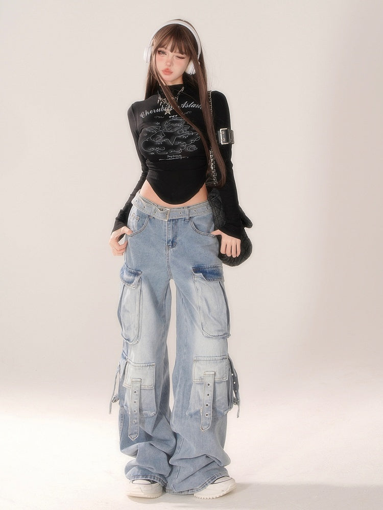 Wide-Leg Cargo Jeans with Strap Detailing Blue Gradient