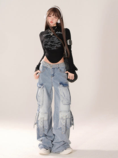 Gradient Blue Wide-Leg Cargo Jeans with Strap Detailing