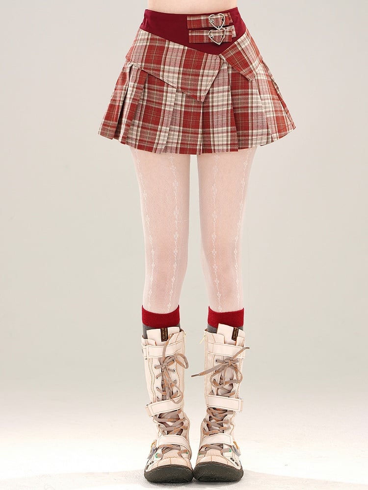 Red/Blue Buckle Pleated Plaid Skirt Mini Waist High Straps