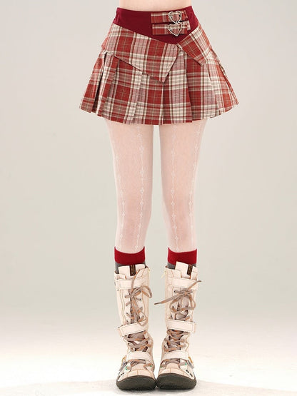 Red/Blue Buckle Pleated Plaid Skirt Mini Waist High Straps