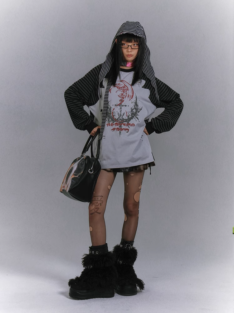 and Colorblock Long Sleeves Striped with Black and Gray Top Punk Print Design