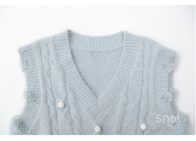 Cute Snowman Adorned Blue V-neck Mohair Vest