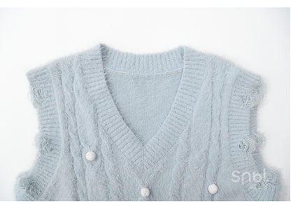 Cute Snowman Adorned Blue V-neck Mohair Vest