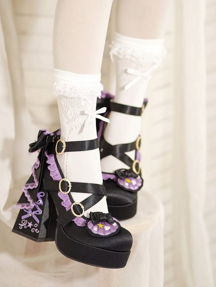 Black & Purple Lolita Shoes, 11.5CM High Block Heel, Shell & Bowknot Detail - Bad Bear