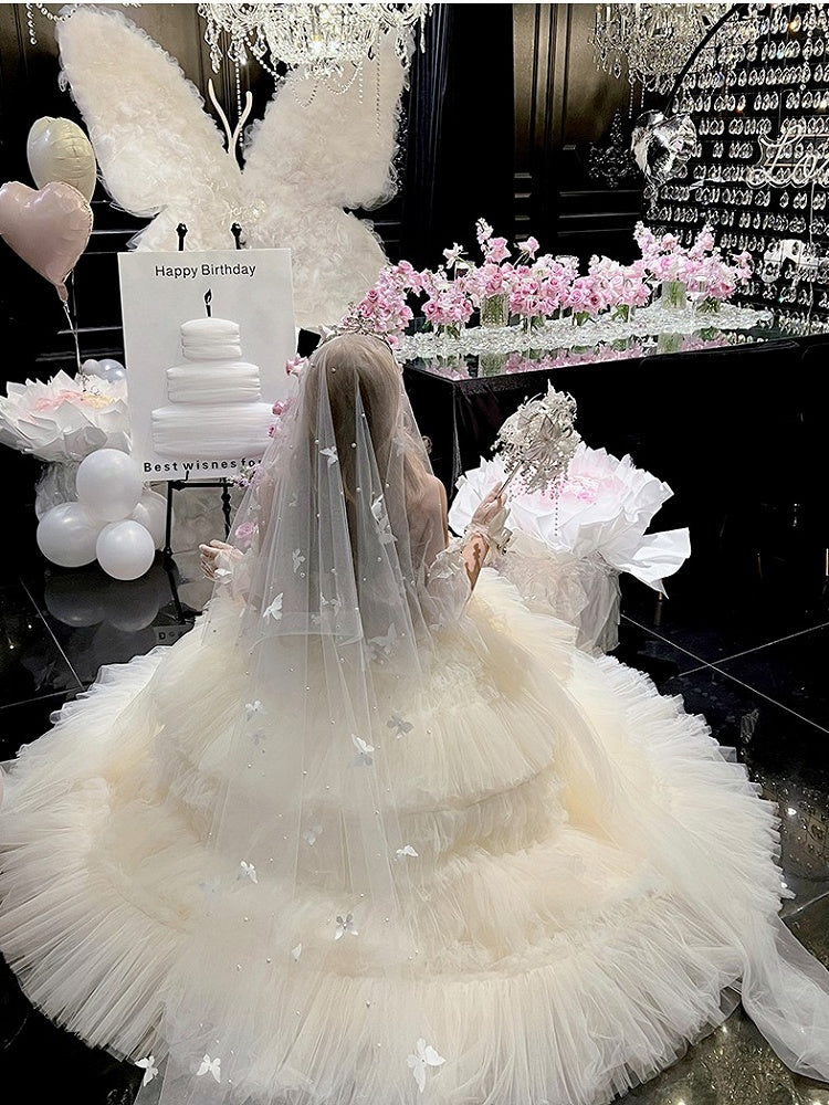 Ruffled Bow Accent with Details Layered Lolita and Tulle Hime White Dress