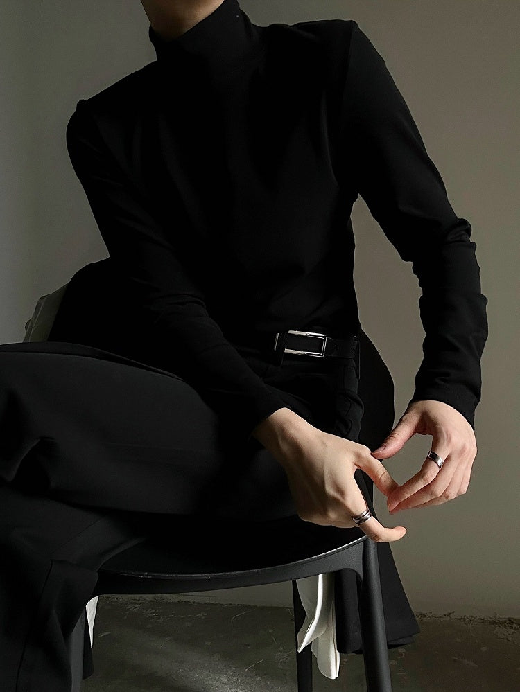Black with Sleeve Neck Top Slim-fitting Soft Mock Prince Long Fleece Lining