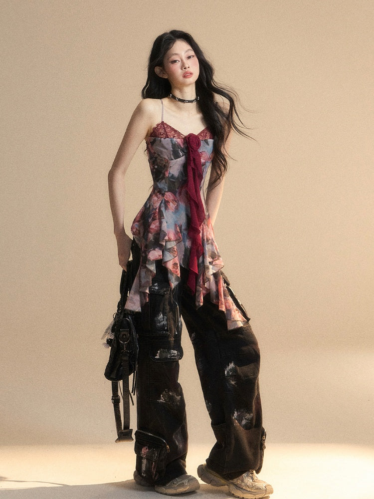 Malerei Rot Öl Cami Top Asymmetrische Volant Verziert Saum Floral Glamourös