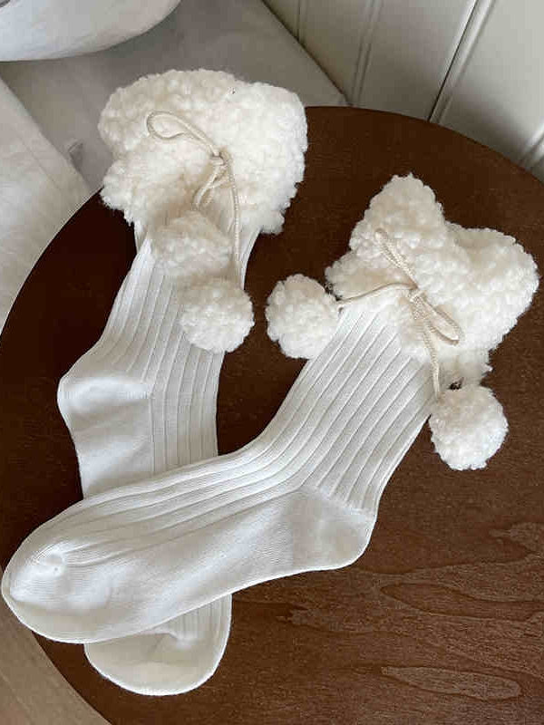 Lolita-Baumwollsocken mit Fleece-Bündchen und Pompons
