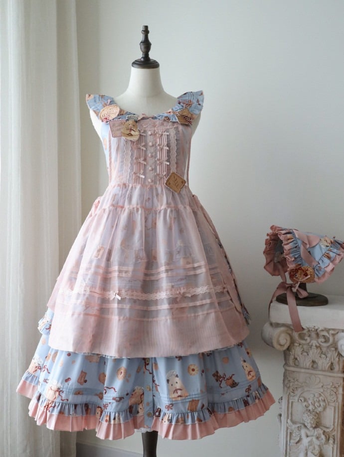 Print Cookie + Rosa Kopftuch Volles Lolita-Kleid Broschen Süße und Schürze Blau Set Dreieckiger Hamster