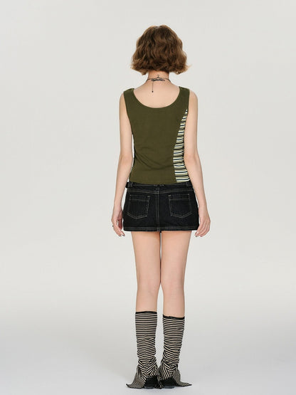 Retro Striped Patchwork Green Lace Up Top - Girlyhalo