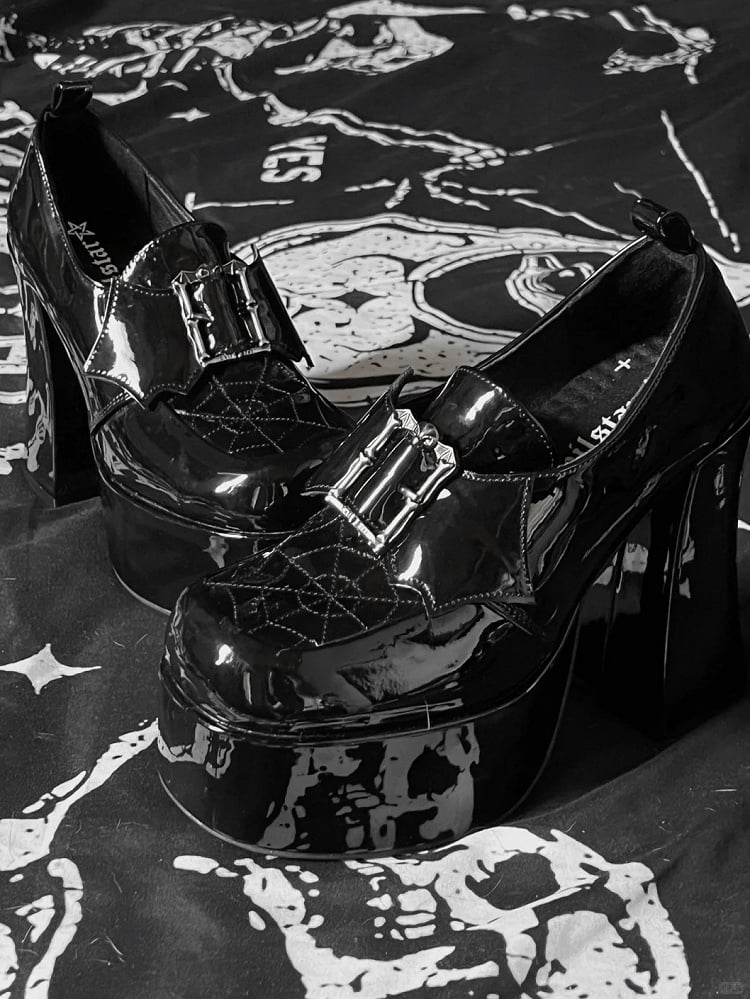 High Decor Block Gothic Heels Design Platform Wing Black Polished Bat PU Leather Spiderweb in -