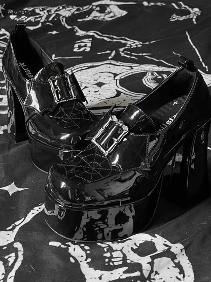 High Decor Block Gothic Heels Design Platform Wing Black Polished Bat PU Leather Spiderweb in -