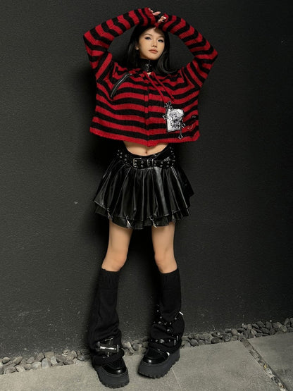 Gothic Punk Black and Red Striped Zip Hoodie GrimReaper Applique