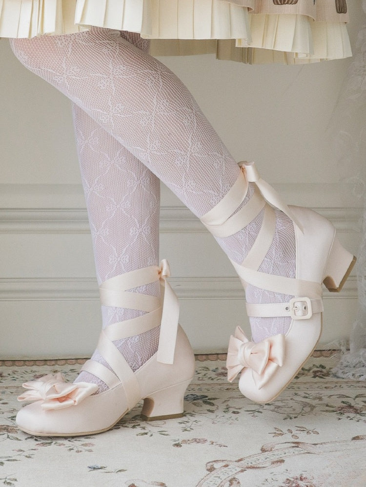 Toe - Ankle Square Top Janes Bow Mary Lolitacore Satin at Lace-up Beige