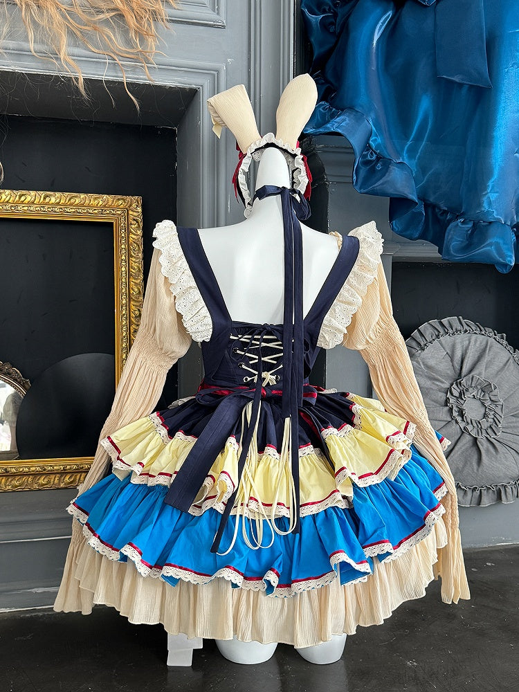 ダークブルーとレッドの白雪姫スイートメイドエプロン + バスクウエストストラップレスティアードフリルパフィードレス