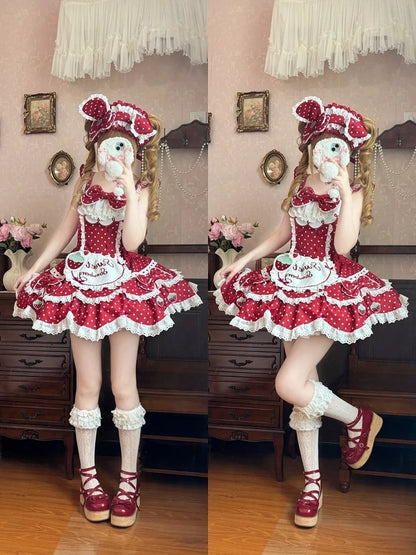 and Details Themed Lace JSK Dot Strawberry Lolita with Vintage Dress Bow Red Polka