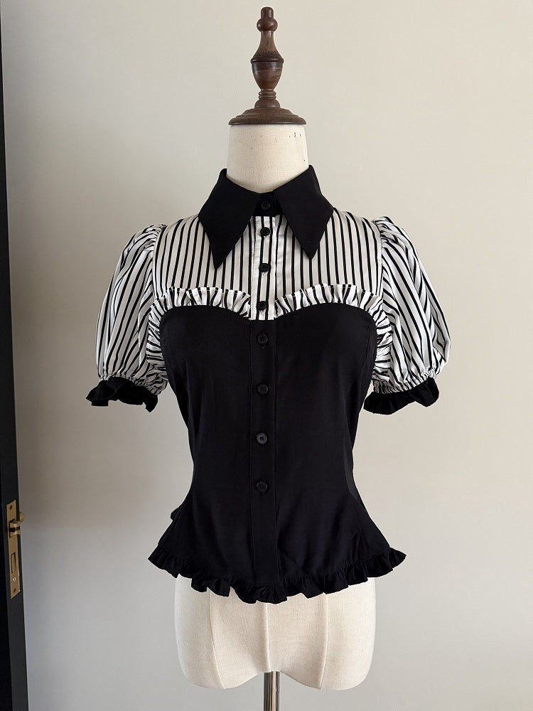 White Stripes Black Short Puff Sleeves Gothic Lolita Blouse - Flower Fairy Daily