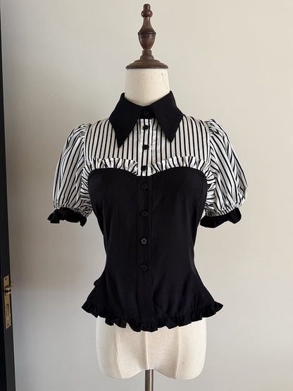 White Stripes Black Short Puff Sleeves Gothic Lolita Blouse - Flower Fairy Daily