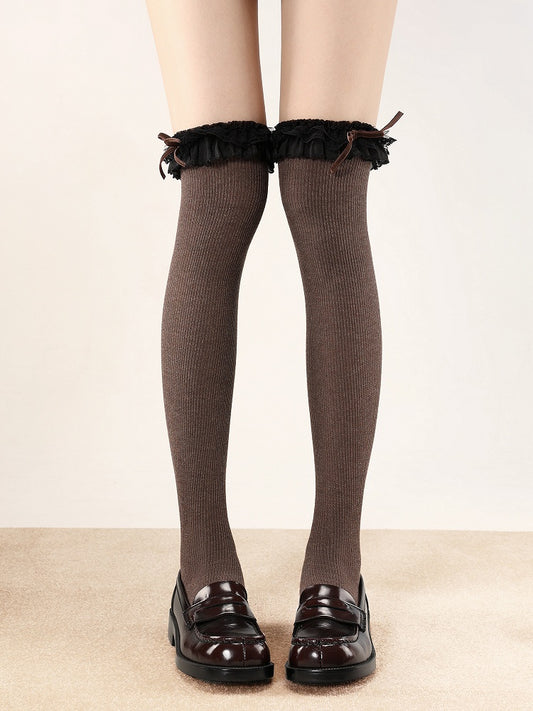 42CM with Bow Lolita Decoration White/Brown/Apricot Stockings Lace-Trimmed