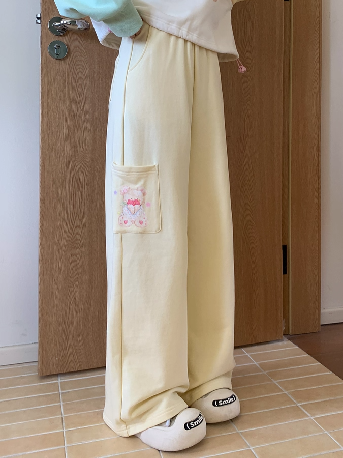 Wide-Leg Casual Pants Regular/Short Version Print Creamy Yellow Elastic Waist Teddy Bear
